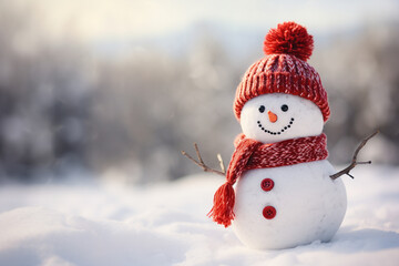 Obraz premium Happy Jolly snowman adorned in a cheerful red hat and scarf. Holiday Winter Background. Ai generated