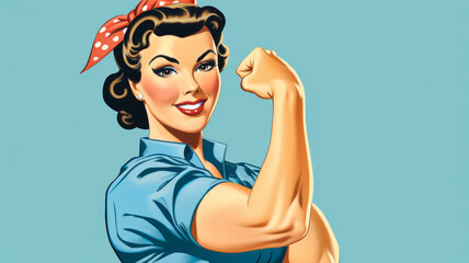 We Can Do It. Girl power advertising poster. Pop art, woman showing her biceps. Generative AI - obrazy, fototapety, plakaty