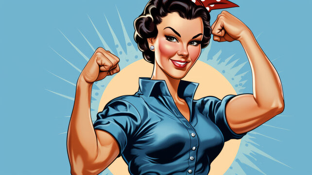 We Can Do It. Girl power advertising poster. Pop art, woman showing her biceps. Generative AI