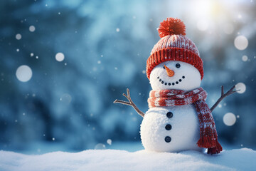 Fototapeta premium Happy Jolly snowman adorned in a cheerful red hat and scarf. Holiday Winter Background. Ai generated
