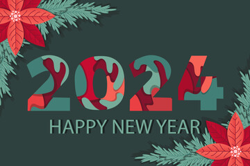 Creative Christmas background with Holly flower and 2024 number. Cut out paper style New Year banner, poster, card, design. Template 2024 calendar cover. Vector illustration. - obrazy, fototapety, plakaty