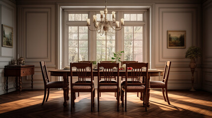a traditional dining room with a mahogany table and six chairs and a chandelier hanging from the ceiling