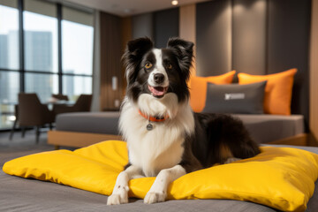 Beautiful Border Collie dog in a modern interior of a city apartment