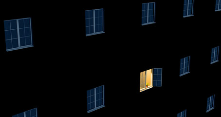 The light is on in one open window of a large multi-story residential building. - obrazy, fototapety, plakaty