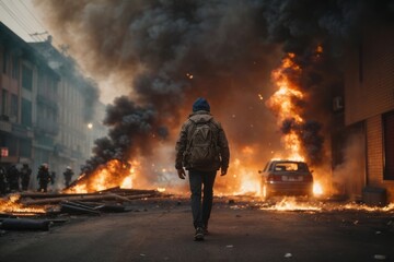 Obraz premium A man wearing a jacket and a hat is walking along a ruined street with smoke and fire, rear view. Emergency, explosion, catastrophe, apocalypse, war, protests, riot