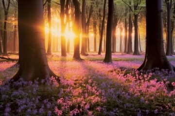 Beautiful woodland bluebell forest in spring. Purple and pink flowers under tree canopys with sunrise at dawn. generative ai.