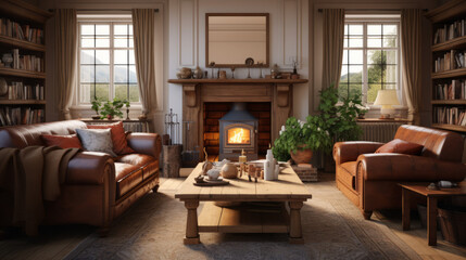 Fototapeta na wymiar a traditional family room with a brown leather sofa and a wooden coffee table and a fireplace
