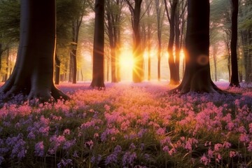 Beautiful woodland bluebell forest in spring. Purple and pink flowers under tree canopys with...