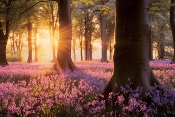 Beautiful woodland bluebell forest in spring. Purple and pink flowers under tree canopys with sunrise at dawn. generative ai.
