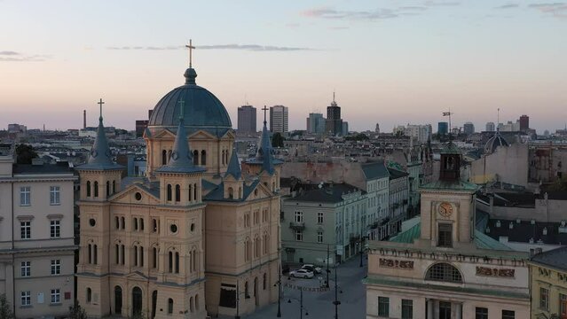 Beautiful scenery of Lodz city center with Piotrkowska street at dawn, Poland
