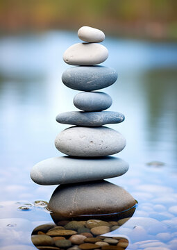 pyramid or tower of stones on the river bank, zen, harmony, chedo, water, rocks, lake, spa, relaxation, nature, tranquility, beauty, balance, landscape, minerals, shape, structure, religious cult