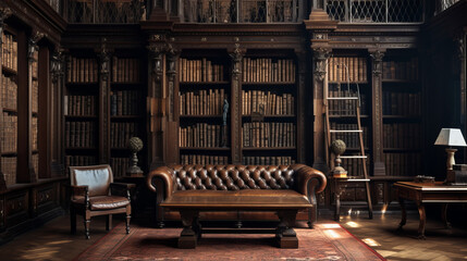 a traditional library with dark wood walls and a plush carpet - obrazy, fototapety, plakaty