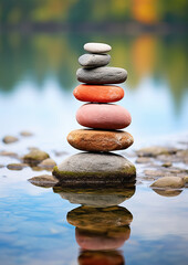 pyramid or tower of stones on the river bank, zen, harmony, chedo, water, rocks, lake, spa, relaxation, nature, tranquility, beauty, balance, landscape, minerals, shape, structure, religious cult