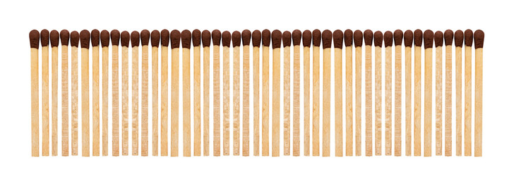 Row of new unused wooden matches with brown heads, png isolated on transparent background