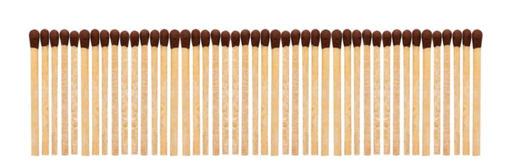 Row of new unused wooden matches with brown heads, png isolated on transparent background