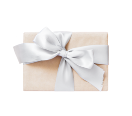 Gift boxes. Brown craft paper gift box with gray ribbon isolated on transparent background. Png. Holidays present.
