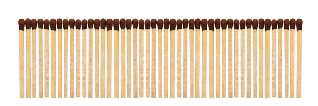 Row of new unused wooden matches with brown heads, png isolated on transparent background