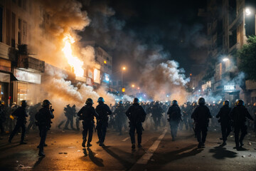 Police use smoke bombs during riots and protests on the streets of the city. Emergency, fire, explosion, catastrophe, apocalypse, war.