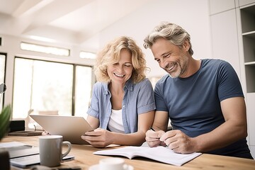 a relieved couple in their prime years, focused on signing insurance forms, in a warm and inviting home office setting, with documents neatly laid out.