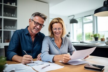 a relieved couple in their prime years, focused on signing insurance forms, in a warm and inviting home office setting, with documents neatly laid out.