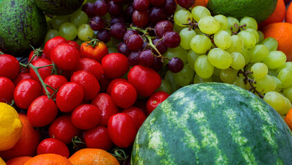 Mix, set of vegetables and fruits. Vitamin boom. Close-up of vegetables and fruits. Watermelon, tomatoes