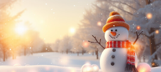 Winter holiday christmas background banner - Closeup of cute funny laughing snowman with wool hat and scarf, with Christmas balls, on snowy snow snowscape with bokeh lights, illuminated by the sun - obrazy, fototapety, plakaty