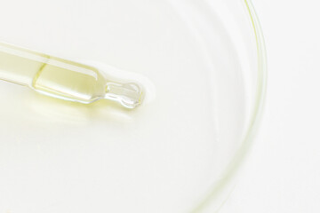 Petri dish. Pipette with golden serum or gel or serum, yellow on a light background.