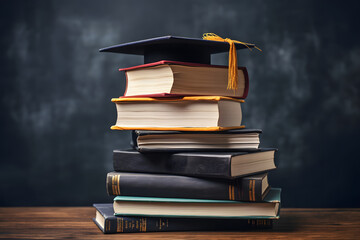 stack of books on table with blackboard background - university or school graduation and education  concept