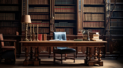 a traditional study room with a large wooden desk and a comfortable chair and several shelves filled with books and office supplies
