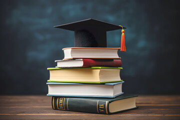 stack of books on table with blackboard background - university or school graduation and education  concept