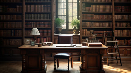 a traditional study room with a large wooden desk and a comfortable chair and several shelves filled with books and office supplies
