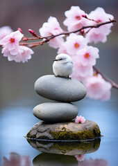 Obraz na płótnie Canvas bird sitting on pyramid or tower of stones on the river bank, zen, harmony, chedo, water, rocks, lake, spa, relaxation, nature, tranquility, beauty, balance, landscape, minerals, shape, flower, animal