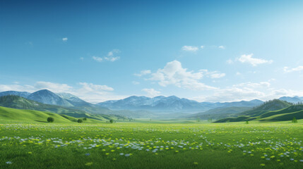 a vibrant and green meadow with a bright blue sky and a distant mountain range