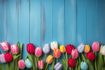 colorful easter eggs and tulips arranged on a blue wooden background, spectacular backdrops, turquoise and orange, minimalist backgrounds. Empty space for message