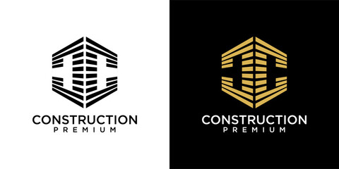 Double C logo design template. Golden real estate building with letter C. Golden C logo isolated on black background. Logo design of investment, company, business, C, Financial.