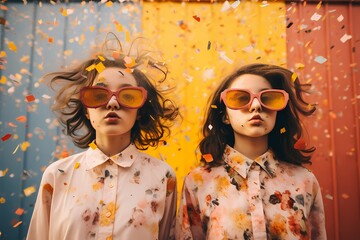 Two girls with sunglasses and floral shirts are surrounded by colorful confetti 