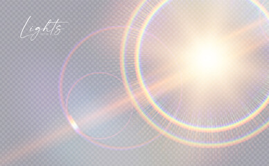 Rainbow sunshine and bokeh light effect. Dispersion of beam. Sun light effect for immersion in atmosphere.