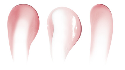 Smears of pink cream, balm, conditioner with banana, egg or chamomile on an empty background....