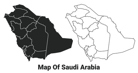 Vector Black map of Saudia Arabia country with borders of regions