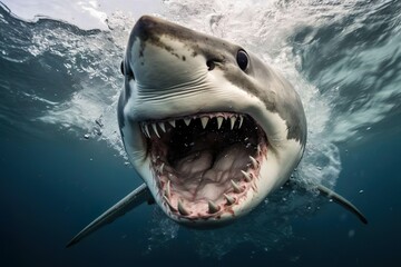 Naklejka premium A shark underwater, opening his mouth. Coming towards the camera. Shark bite.