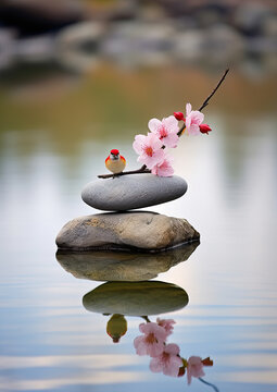 bird sitting on pyramid or tower of stones on the river bank, zen, harmony, chedo, water, rocks, lake, spa, relaxation, nature, tranquility, beauty, balance, landscape, minerals, shape, flower, animal