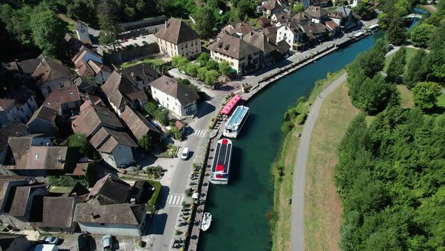 Aerial view of Chanaz, Canal de Savieres in Savoie, France
