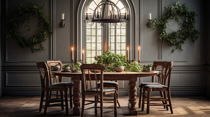  a vintage-style dining room with a round table and six chairs and a chandelier hanging from the ceiling