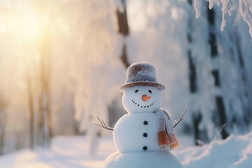 Cheerful cute snowman in a hat and scarf in the winter forest at sunset close-up