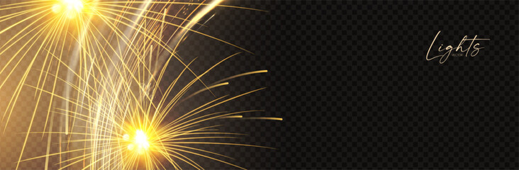 Fireworks. Gold shining transparent light effect. Holiday design.