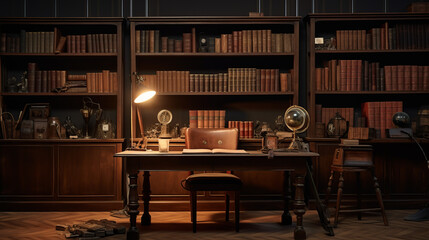 a vintage-style study with a wooden desk and a wall of shelves and a filing cabinet in the corner