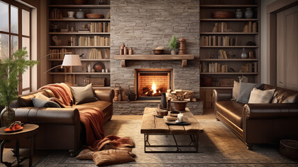 a warm and inviting family room with a brown leather sofa and a large area rug and a fireplace with a wood mantel