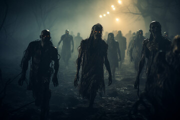 Zombies  walking through a cemetery under the eerie moonlight, evoking a chilling atmosphere of the undead in the night. Ai generated