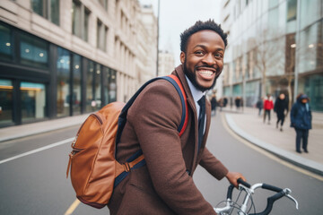 Successful smiling African American businessman with backpack riding a bicycle in a city street in...