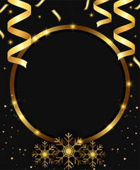 Christmas and New Year vector black background with sparkle shining banner, holiday ribbons and snowflakes